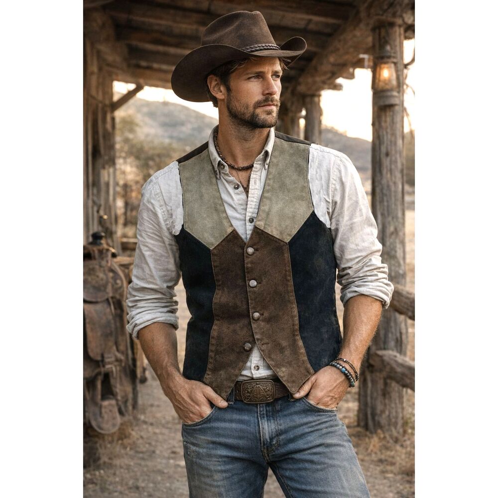 Vintage Otello Pelle Multicolor Leather Cowboy Waistcoat Vest  Mens Size Medium